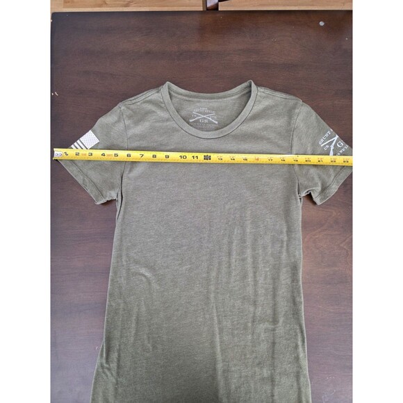 Womens Grunt Style Fitted T Shirt Sz L Green W White Flag - Picture 5 of 5